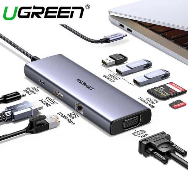 UGREEN USB-C 9IN1 DOCKING 3*USB-A 3.0 + HDMI 4K@30HZ + VGA + RJ45 GIGABIT + SD/TF + PD