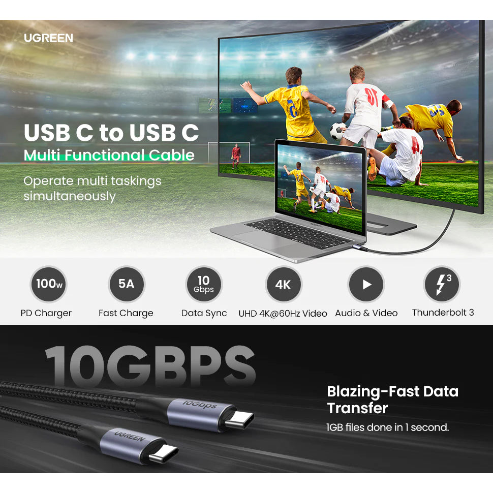 Ugreen USB-C TO USB-C USB 3.1 GEN 2 Braid Cable 100W & 10GBPS Data Transfer