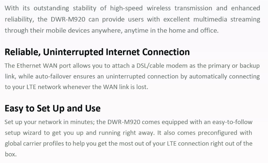 D-Link DWR-M920 N300 4G LTE Sim Card Wireless Modem Router