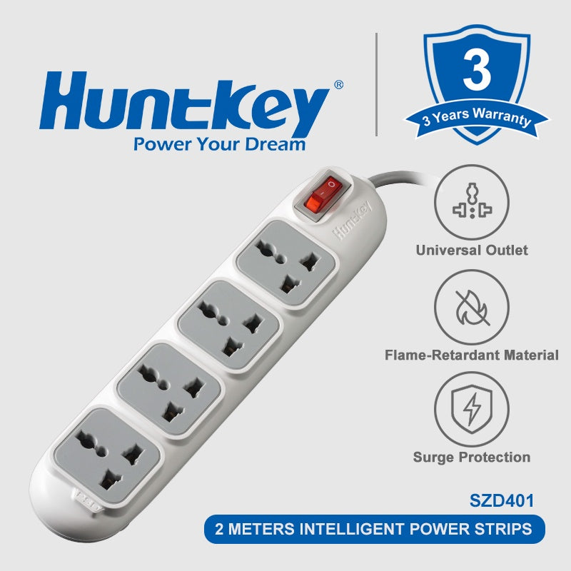 Huntkey 4 Universal Sockets Surge Protection Uk Plug Flame Retardant (2M) SZD401