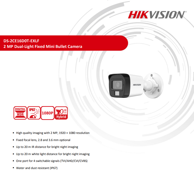 HIKVISION DS-2CE16D0T-EXLF 2MP Smart Hybrid Light Fixed Mini Bullet Camera