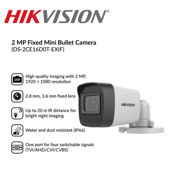 HIKVISION 2MP DS-2CE16D0T-EXIF OUTDOOR EXIR FIXED MINI BULLET CAMERA (2.8mm/3.6mm)