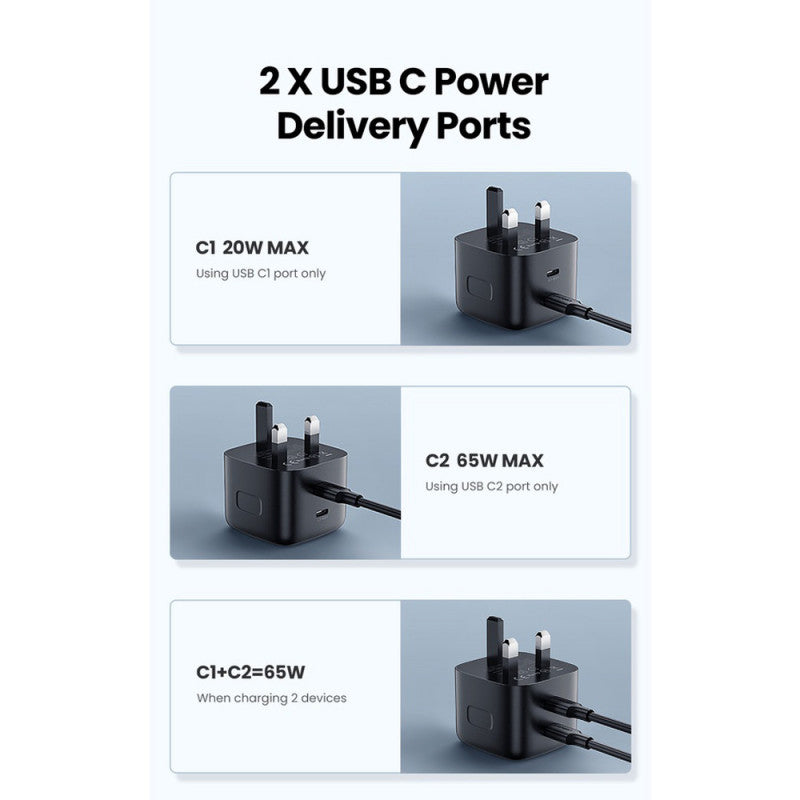 UGREEN Power Adapter - GAN Fast Charger 65W PD USB C 2 Ports