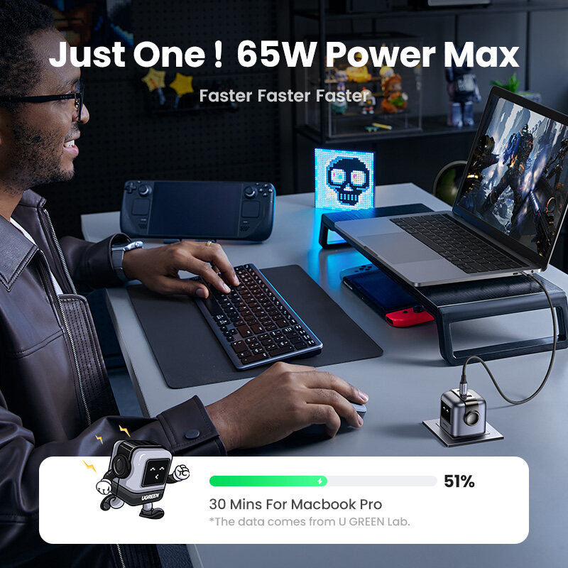 UGREEN Uno 65W GaN Charger 3Ports 2C1A- 65W Fast Charger