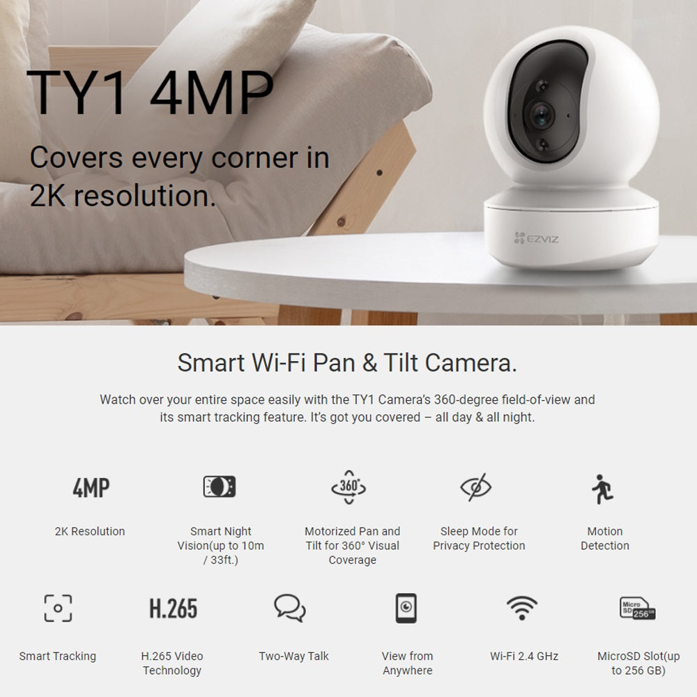 EZVIZ TY1 1080P / 4MP 2K+ Smart Wi-Fi Pan & Tilt Camera