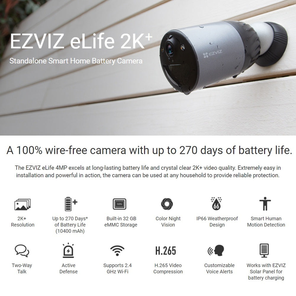 EZVIZ BC1C 4MP eLife 2K+ Standalone Smart Outdoor Camera Battery-Powered Color Night Vision WiFi Security Camera