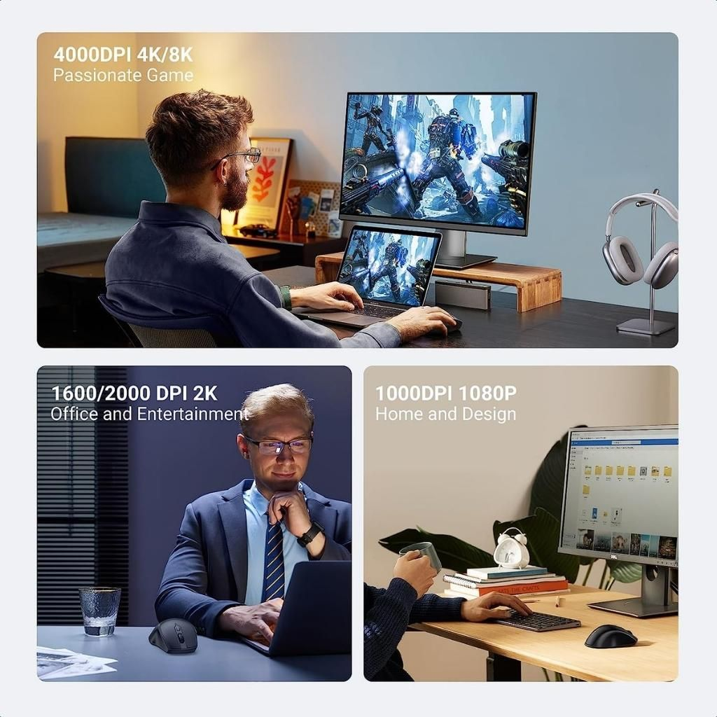 UGREEN WIRELESS SILENT MOUSE MU101 ERGONOMIC 2.4G & BLUETOOTH 5.0 4000DPI RETAIL PACK (BLACK)