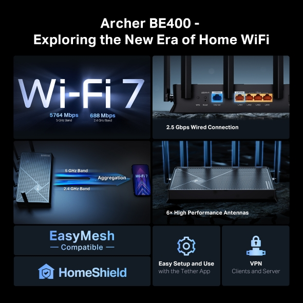 TP-Link Archer BE400 BE6500 Dual-Band Wi-Fi 7 Router