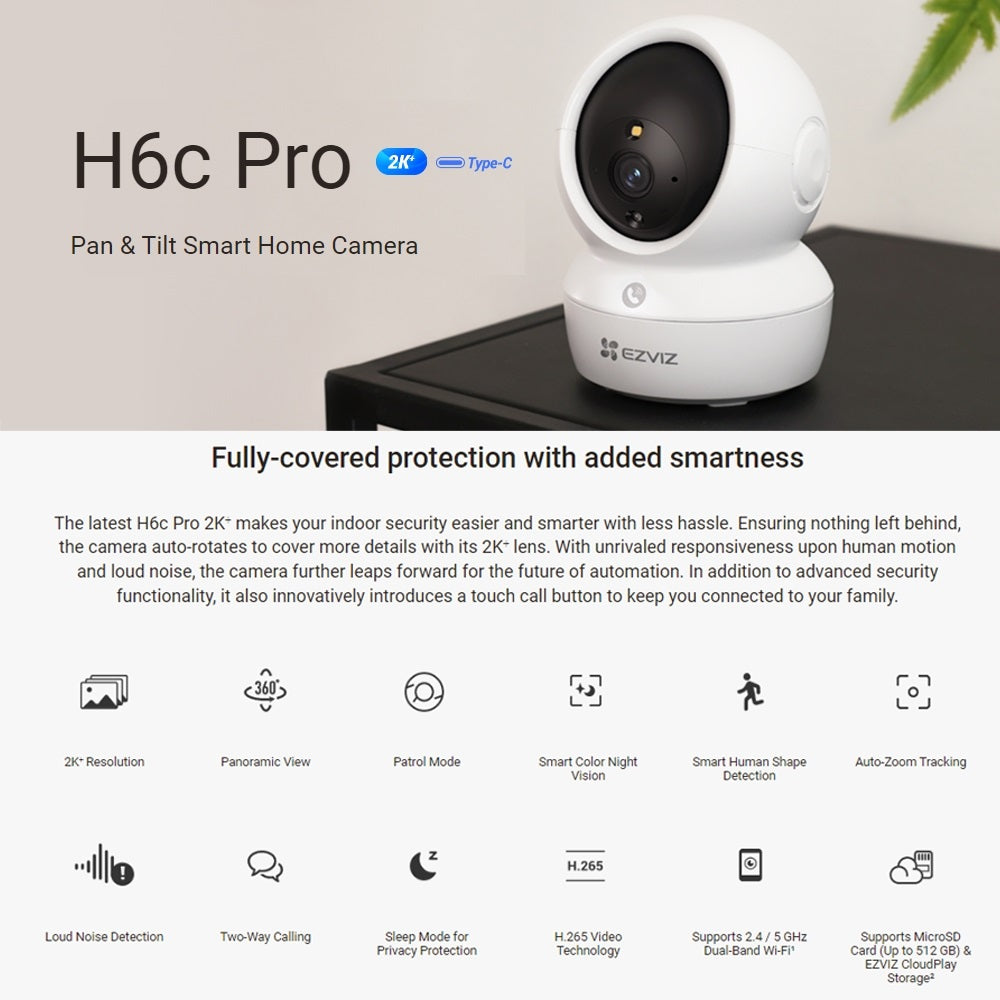 Ezviz H6C Pro 2MP Full HD 1080P / 4MP 2K+ 1440P Pan/Tilt Motion Detection Two Way Talk Auto Tracking H.265 Security CCTV Camera