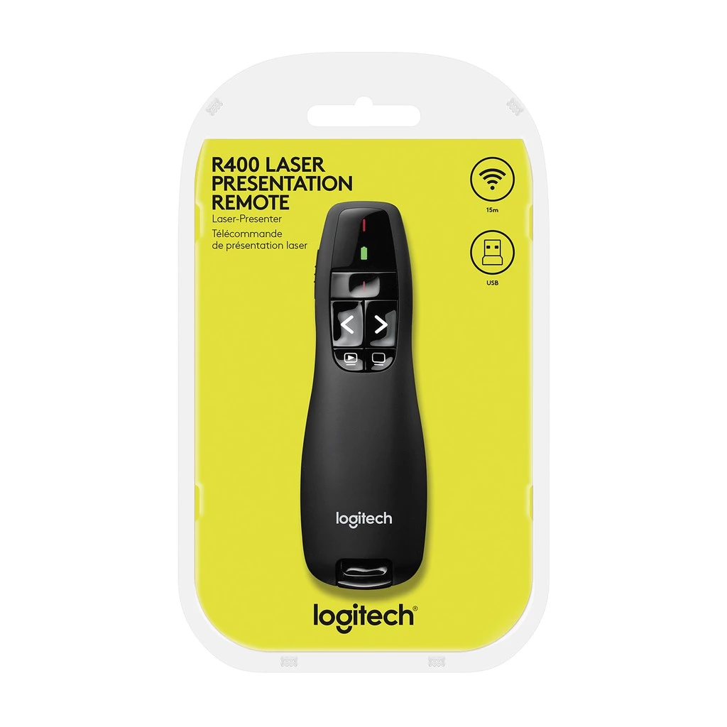 Logitech R400 Wireless Presentation Remote, 2.4 GHz, USB-Receiver, Red Laser Pointer, 15-Meter Operating Range, 6 Button