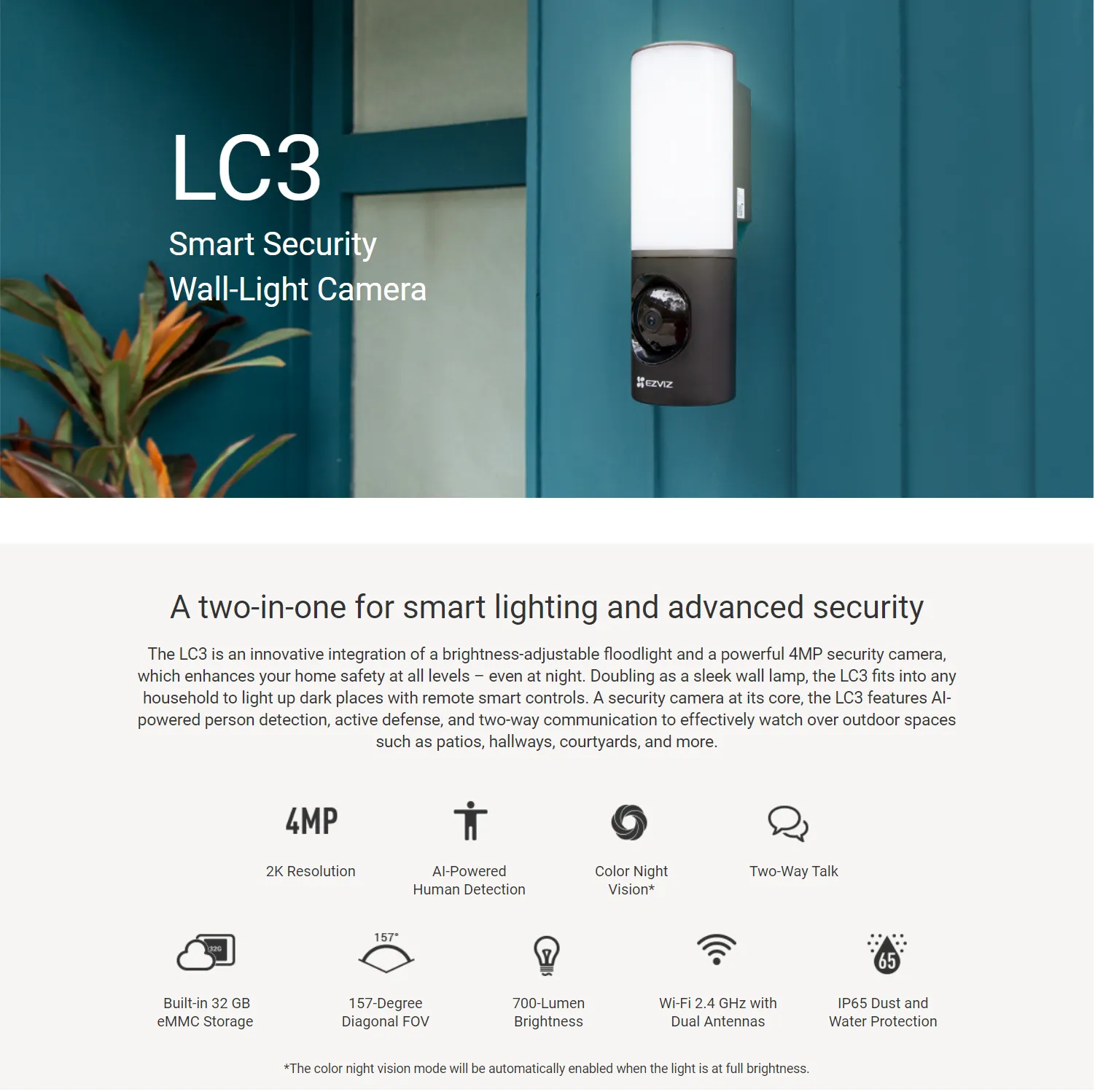 EZVIZ LC3 4MP 2K Smart Security Wall-Light Camera Color Night Vision 2 Way Audio