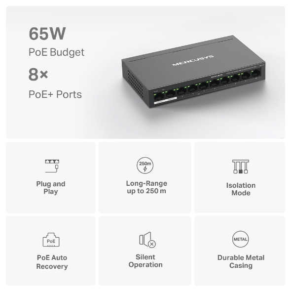 Mercusys MS110P 10-Port 10/100Mbps Desktop Switch with 8-Port PoE+