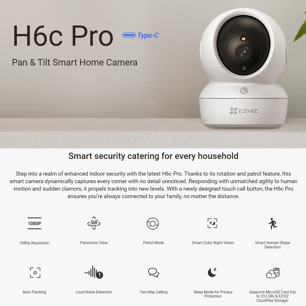 Ezviz H6C Pro 2MP Full HD 1080P Pan/Tilt Motion Detection Two Way Talk Auto Tracking H.265 Security CCTV Camera
