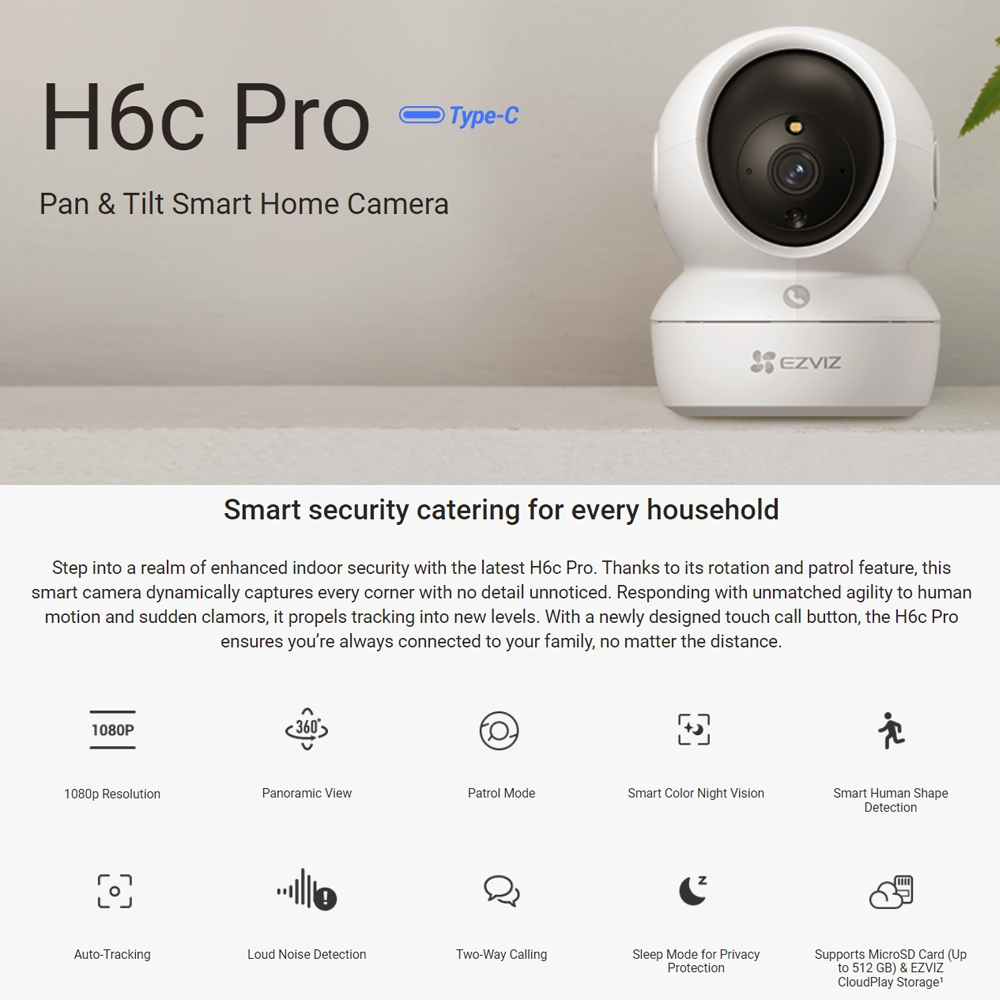 Ezviz H6C Pro 2MP Full HD 1080P / 4MP 2K+ 1440P Pan/Tilt Motion Detection Two Way Talk Auto Tracking H.265 Security CCTV Camera