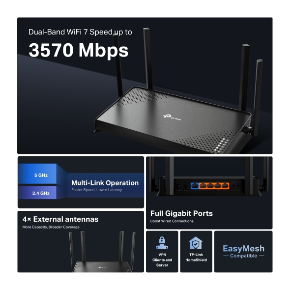 TP-Link Archer BE220 BE3600 Dual-Band Wi-Fi 7 Router