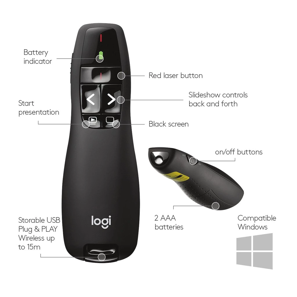 Logitech R400 Wireless Presentation Remote, 2.4 GHz, USB-Receiver, Red Laser Pointer, 15-Meter Operating Range, 6 Button