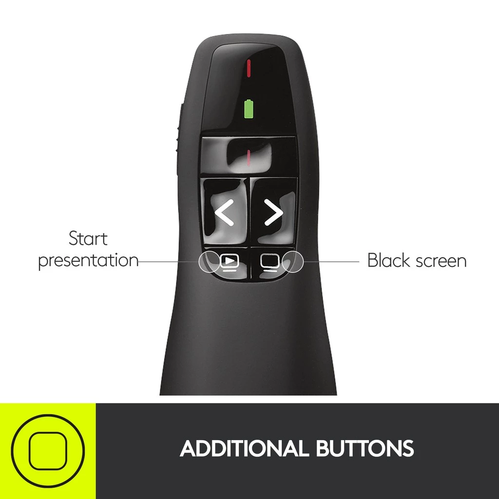 Logitech R400 Wireless Presentation Remote, 2.4 GHz, USB-Receiver, Red Laser Pointer, 15-Meter Operating Range, 6 Button