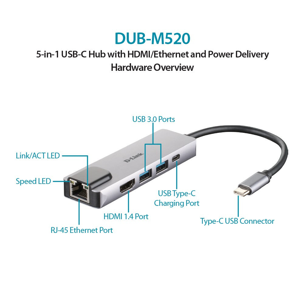 D-Link DUB-M520 5-in-1 USB Type C Hub with HDMI/Ethernet and Power Delivery