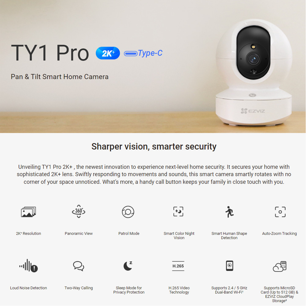 Ezviz TY1 Pro 2MP 1080P Two Way Talk Motion Detection Smart Tracking Indoor Pan/Tilt WiFi Security CCTV Camera