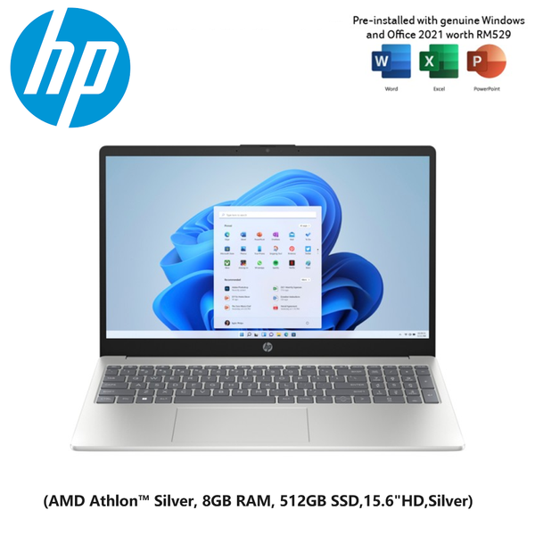 HP Laptop 15-fc0106AU (AMD Athlon™ Silver, 8GB RAM, 512GB SSD,15.6"HD,Silver)