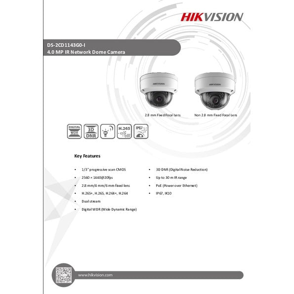 HIKVISION DS-2CD1143G0-I 4MP Fixed Dome Network Camera / HIKVISION 4MP Smart Hybrid Light Fixed Dome Network Camera