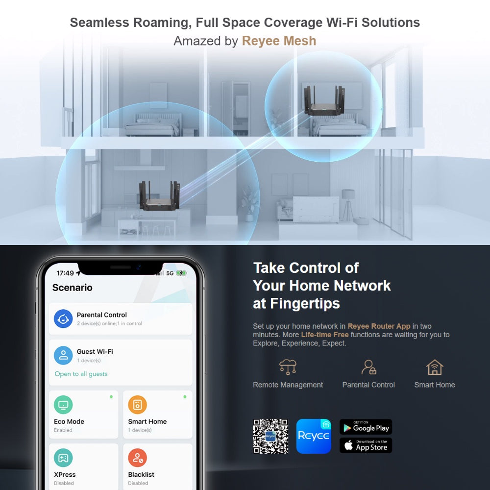 Ruijie Reyee RG-EW3200GX PRO 3200M Wi-Fi 6 Dual-band Mesh Router + RG-EW1200R 1200M Wi-Fi Extender Powerful Mesh Set