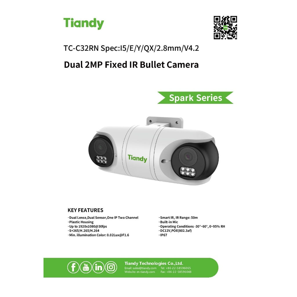 TIANDY Dual 2MP TC-C32RN Fixed IR Bullet Camera (BUILT IN MIC)