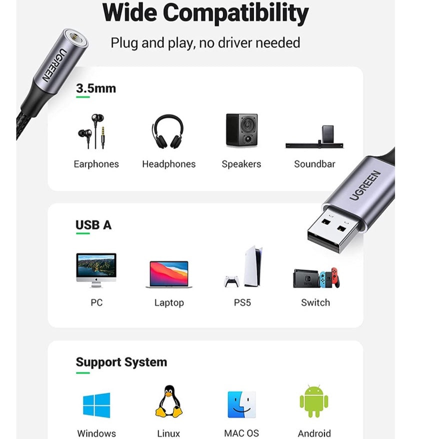 UGREEN USB to 3.5mm Audio Jack USB A 2.0 Sound Card Adapter Mic Audio TRRS Headphone DAC Chip USB Windows MacOS Linux