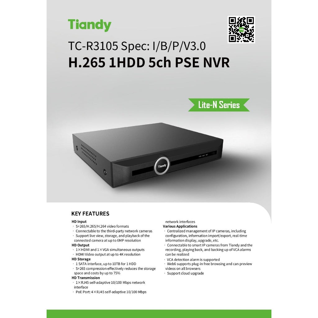 TIANDY 5 Channel TC-R3105 H.265 PSE SPARK SERIES NVR
