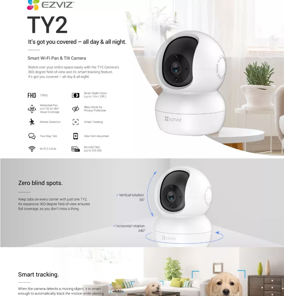 EZVIZ TY2 2MP Full HD Resolution Pan & Tilt Wireless CCTV Security Camera