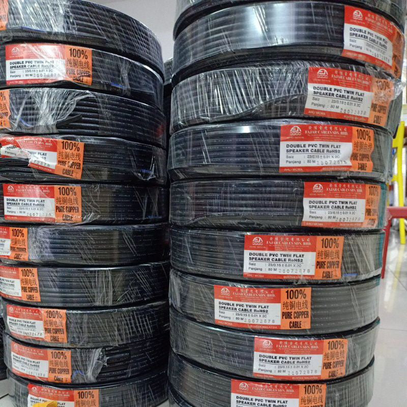 Quality Malaysia Fajar Cables Double PVC Twin Flat for CCTV / Speaker / Alarm / Signal / RoHS 70- 80Meter (Black)