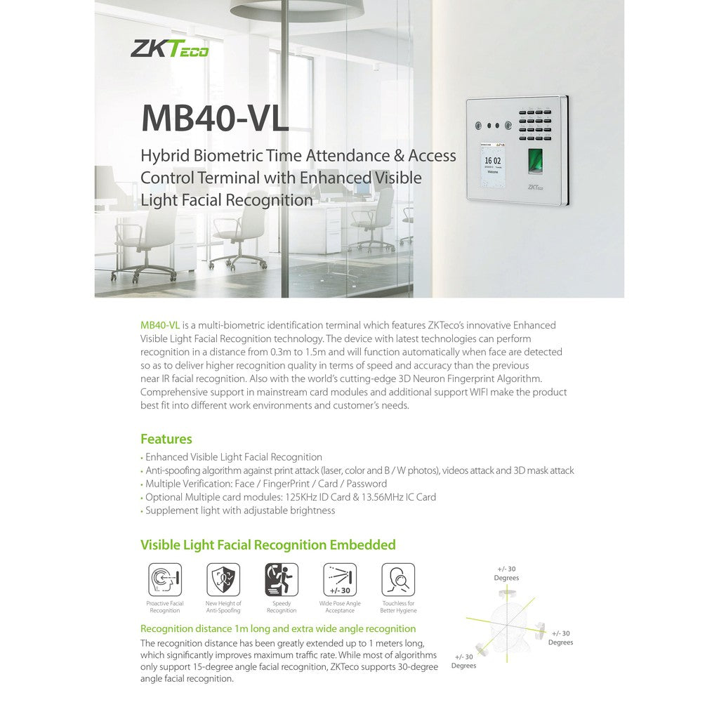 ZKTeco MB40-VL/ID Multi-Biometric Wifi Fingerprint and Face Recognition Device