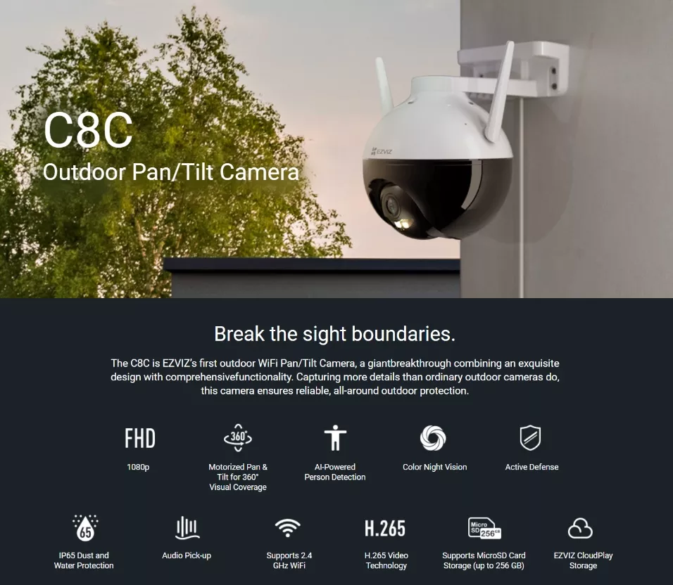 EZVIZ C8C 1080P 2MP PTZ Pan & Tilt Outdoor Wireless Security CCTV Camera