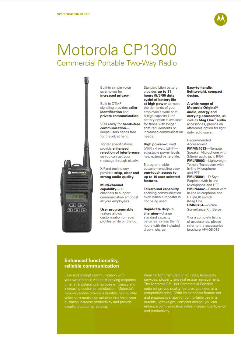 Motorola CP1300 Commercial Portable Two-Way Radio Walkie Talkie