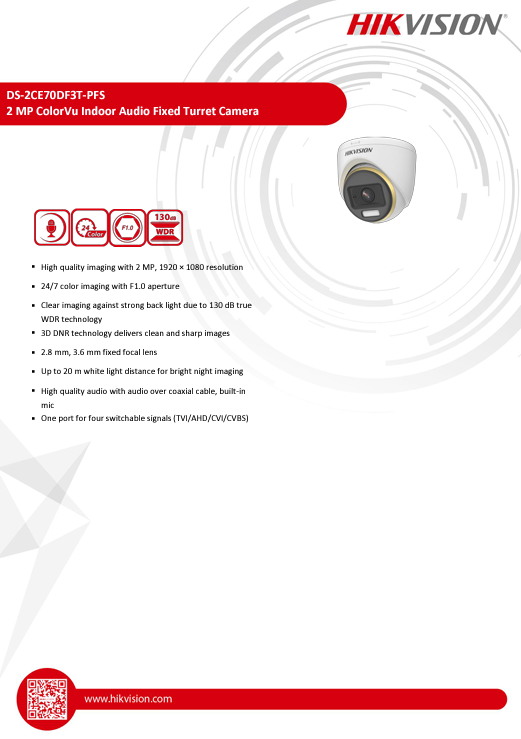 HIKVISION DS-2CE70DF3T-PFS 2MP COLORVU AUDIO FIXED DOME CAMERA