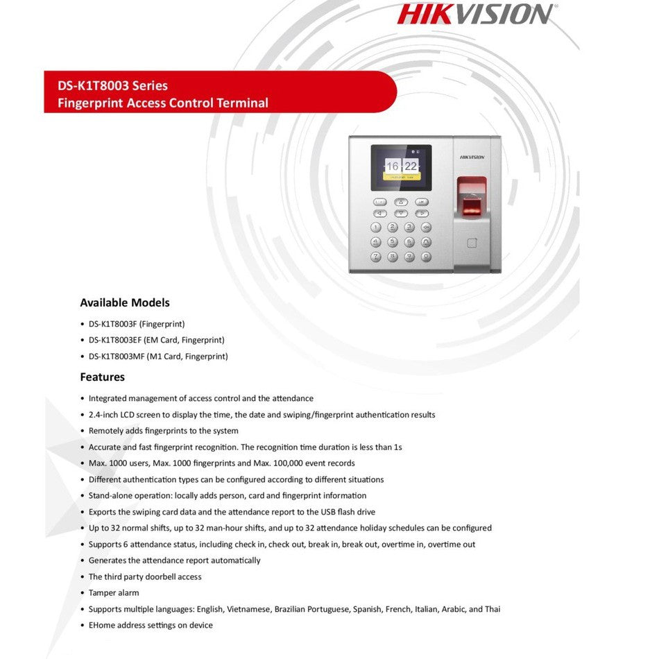 HIKVISION DS-K1T8003MF FINGERPRINT ACCESS CONTROL TERMINAL