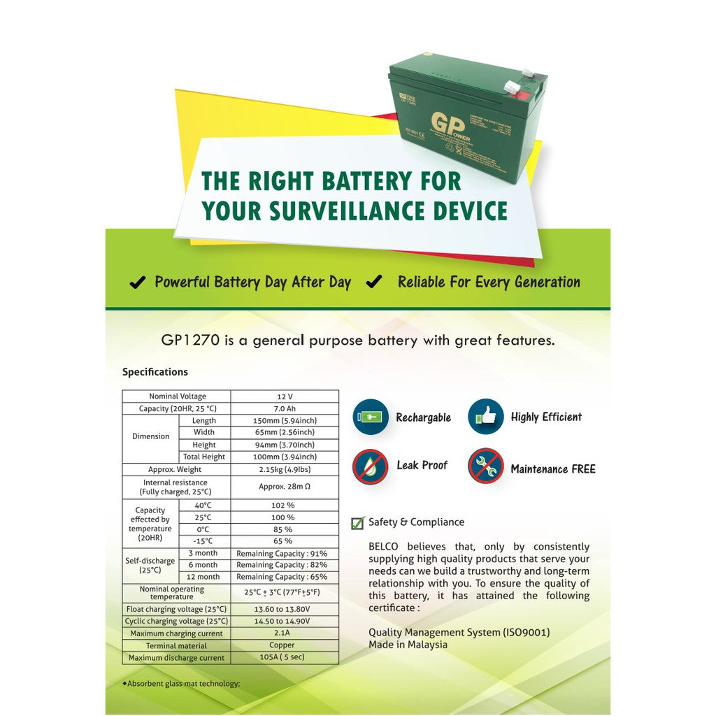 GPower GP1270 12V 7AH Battery - Rechargeable Seal Lead Acid Back Up Battery for Autogate / Alarm Backup ( 12V7AH )