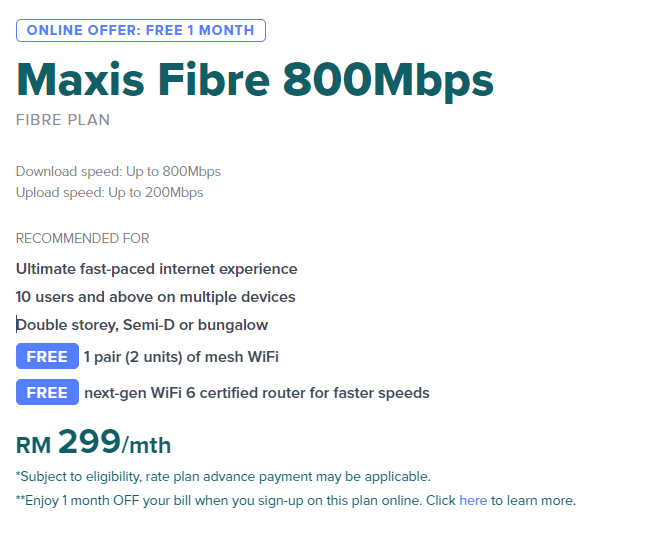 MAXIS FIBRE PLAN 30Mbps/100Mbps/300Mbps/500Mbps/800Mbps