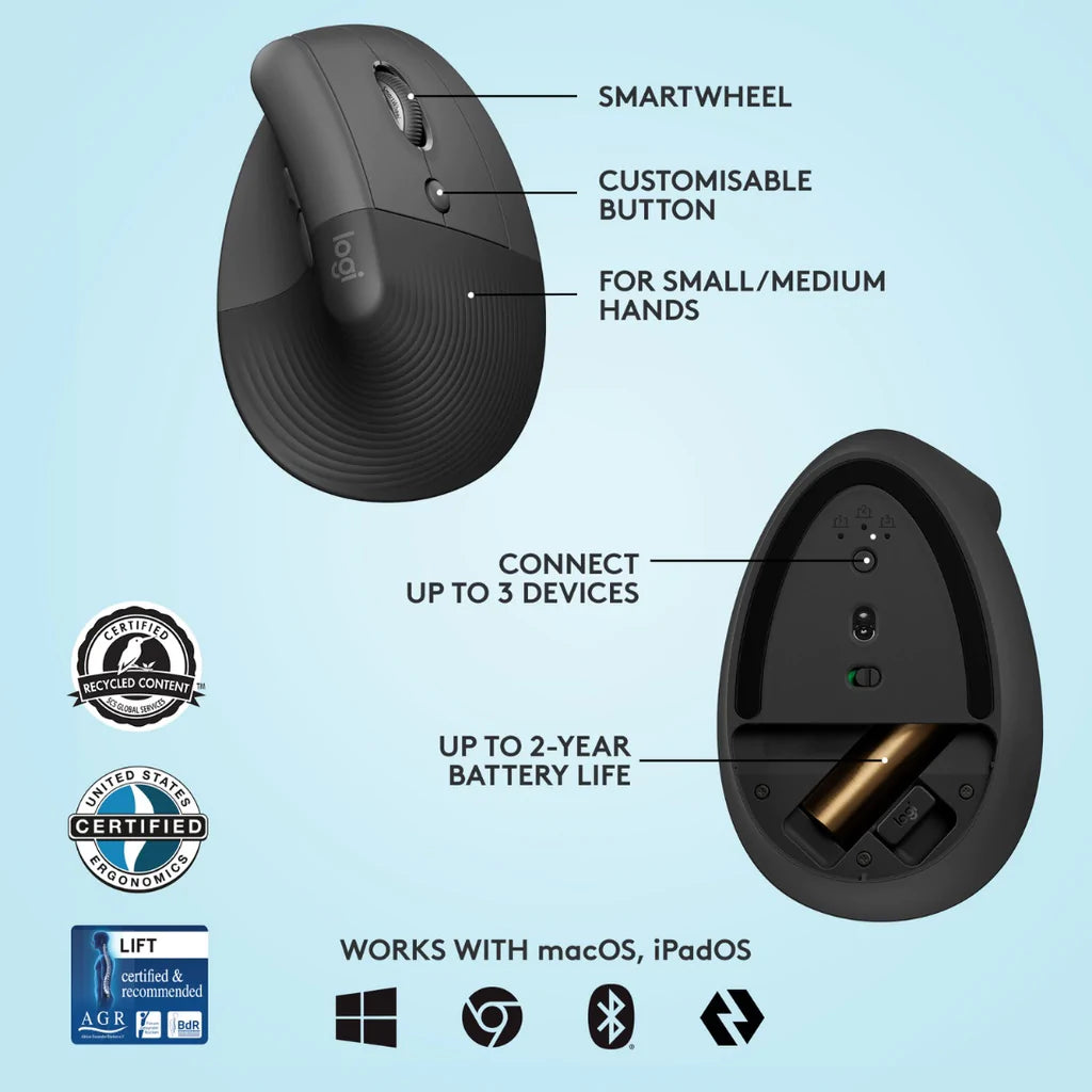 Logitech Lift Vertical Ergonomic Mouse Wireless Bluetooth Logi Bolt USB receiver, Quiet clicks, 4 buttons