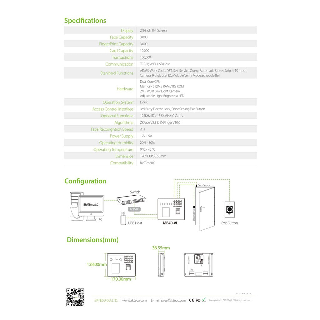 ZKTeco MB40-VL/ID Multi-Biometric Wifi Fingerprint and Face Recognition Device