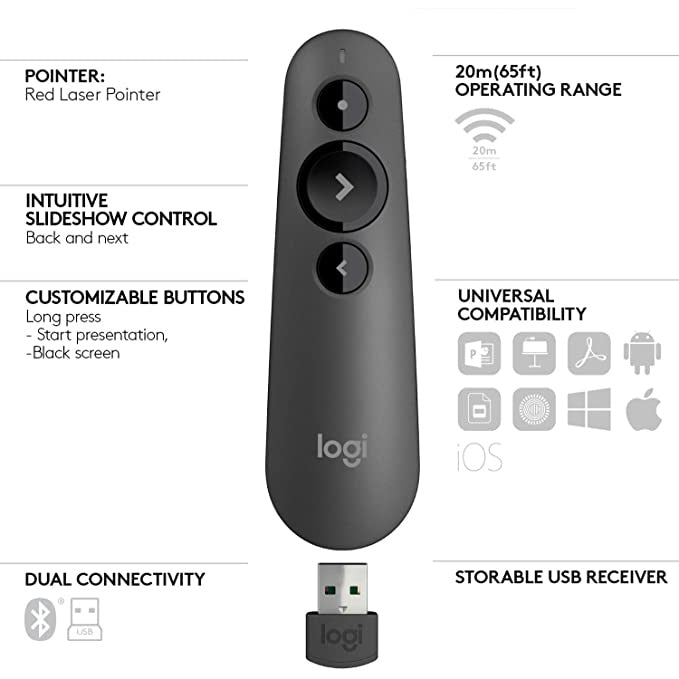 Logitech R500s Laser Class 1 Presenter Bluetooth and USB / Presentation Clicker - Universal Compatibility, 20m range