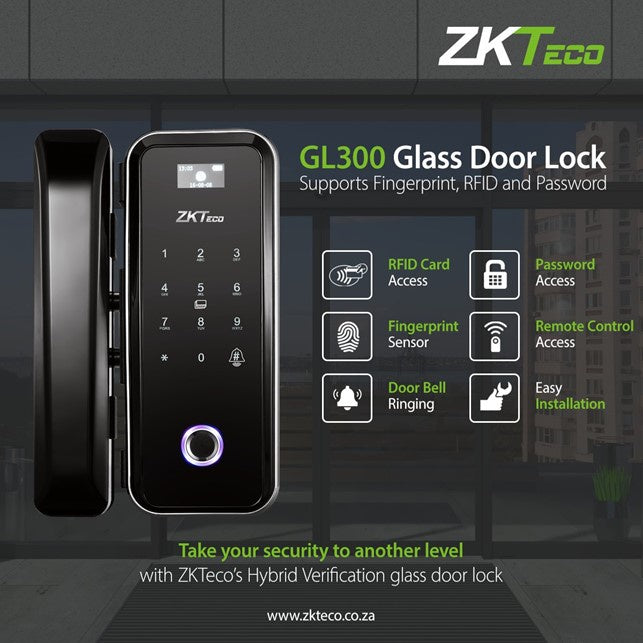 ZKteco GL300 Door Lock With Fingerprint , RFID , Password Hybrid Verification Glass Door Lock