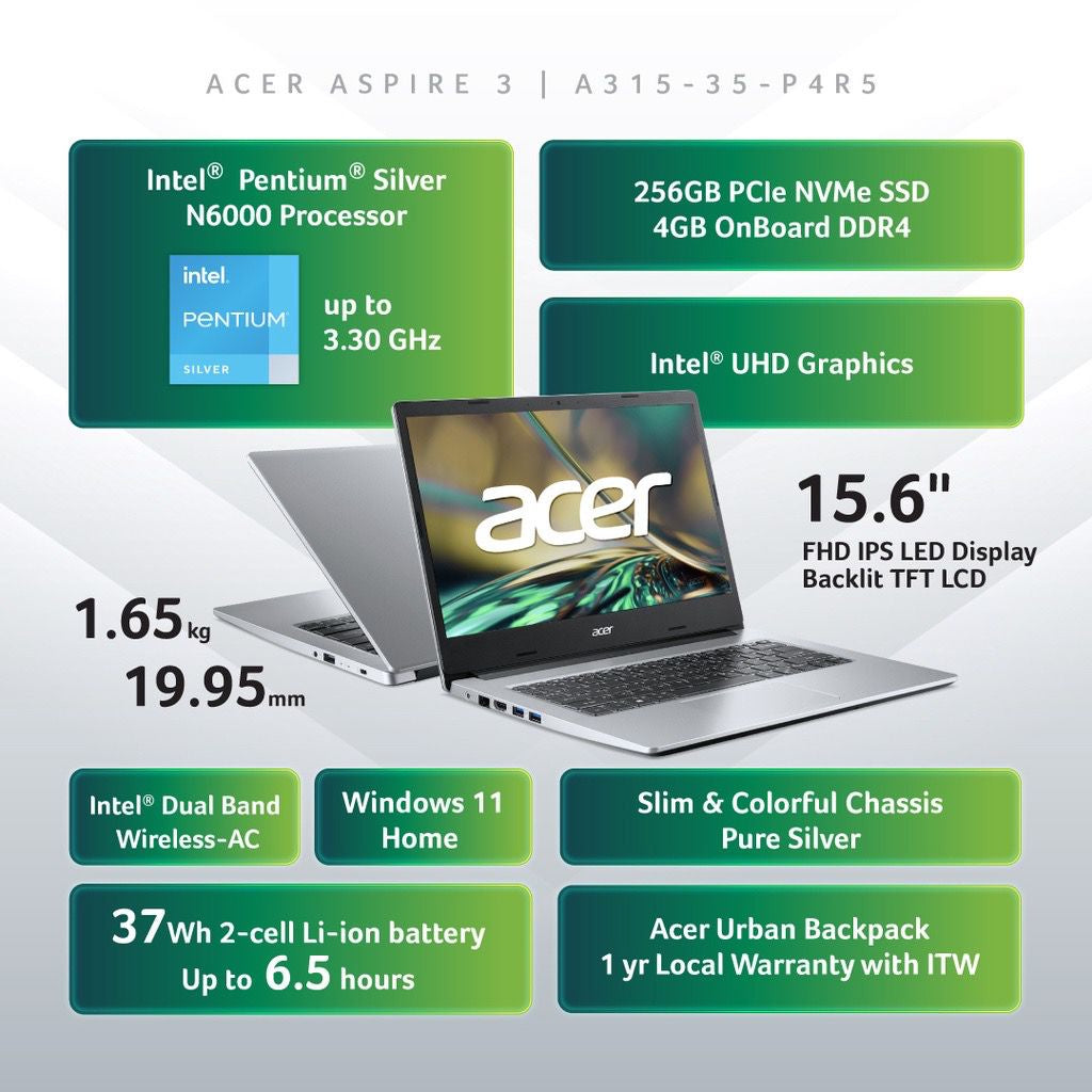 ACER ASPIRE 3 A315-35-P4R5 15.6" FHD Laptop ( Celeron N6000, 4GB, 256GGB SSD, Intel, W11 )