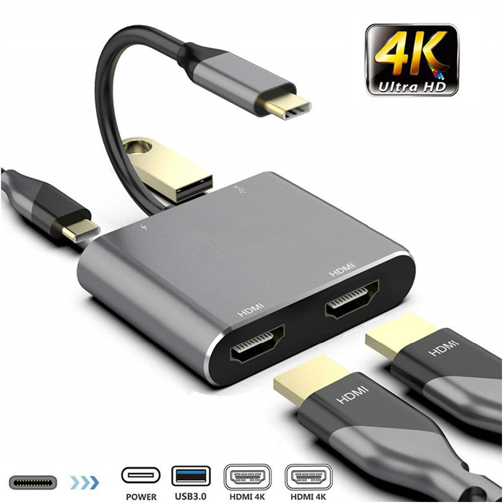 Type C HDTV Adapter 4K USB C to Dual HDTV USB 3.0 PD Charge Port USB-C Converter 4IN1 MST