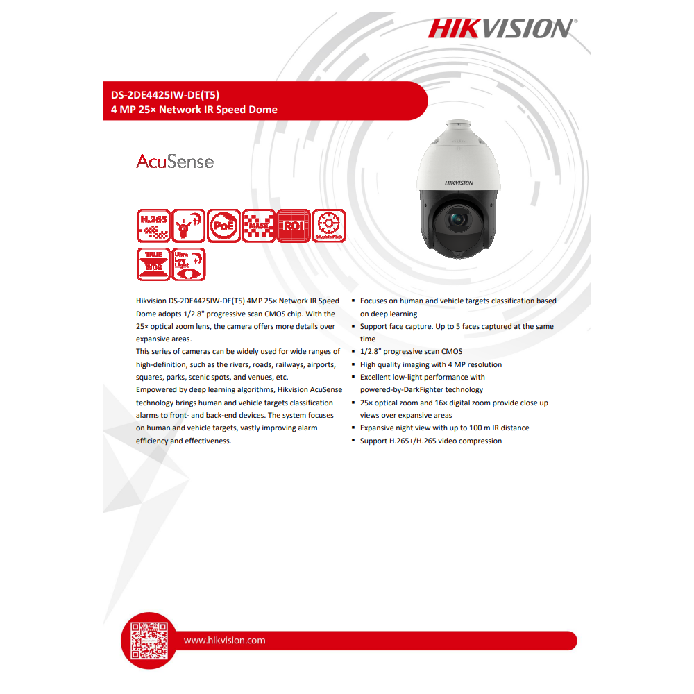 HIKVISION 4" 4MP DS-2DE4425IW-DE(T5) 25X Powered by DarkFighter IR Network Speed Dome