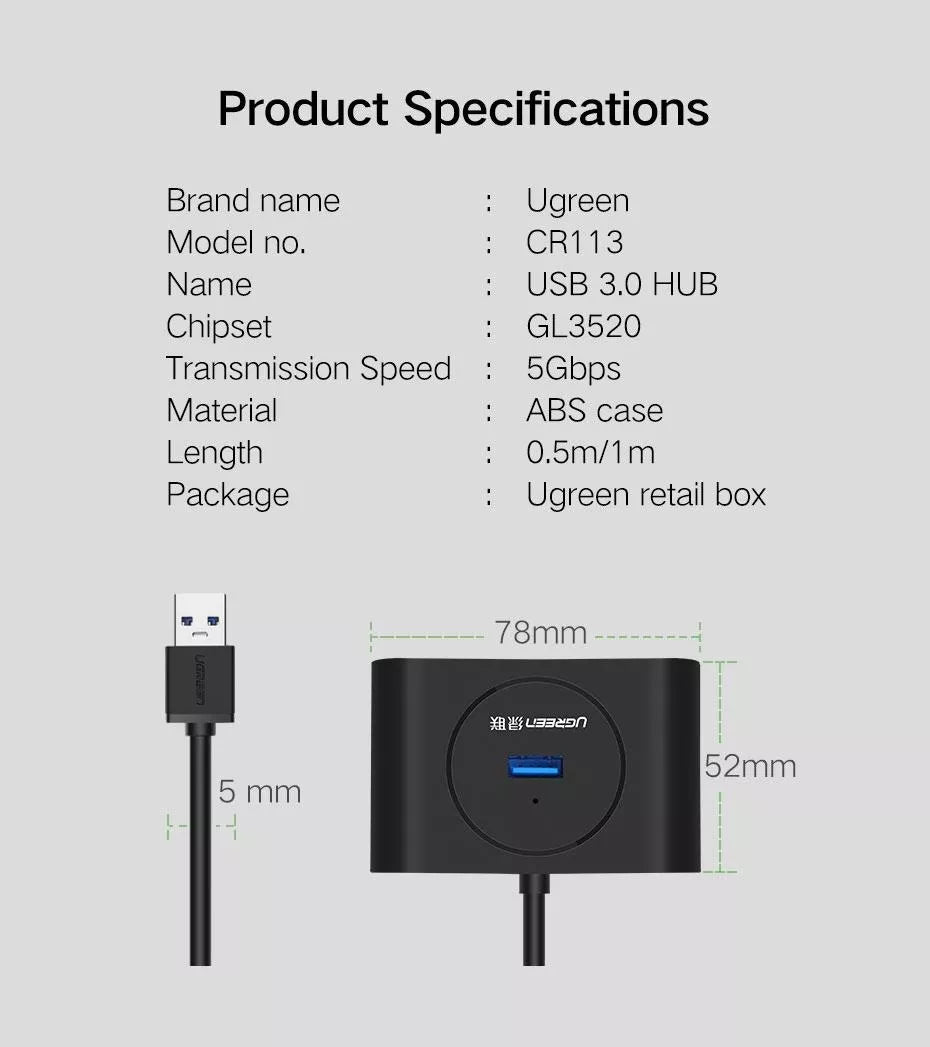 Ugreen USB HUB 3.0 4-PORT 1M Meter