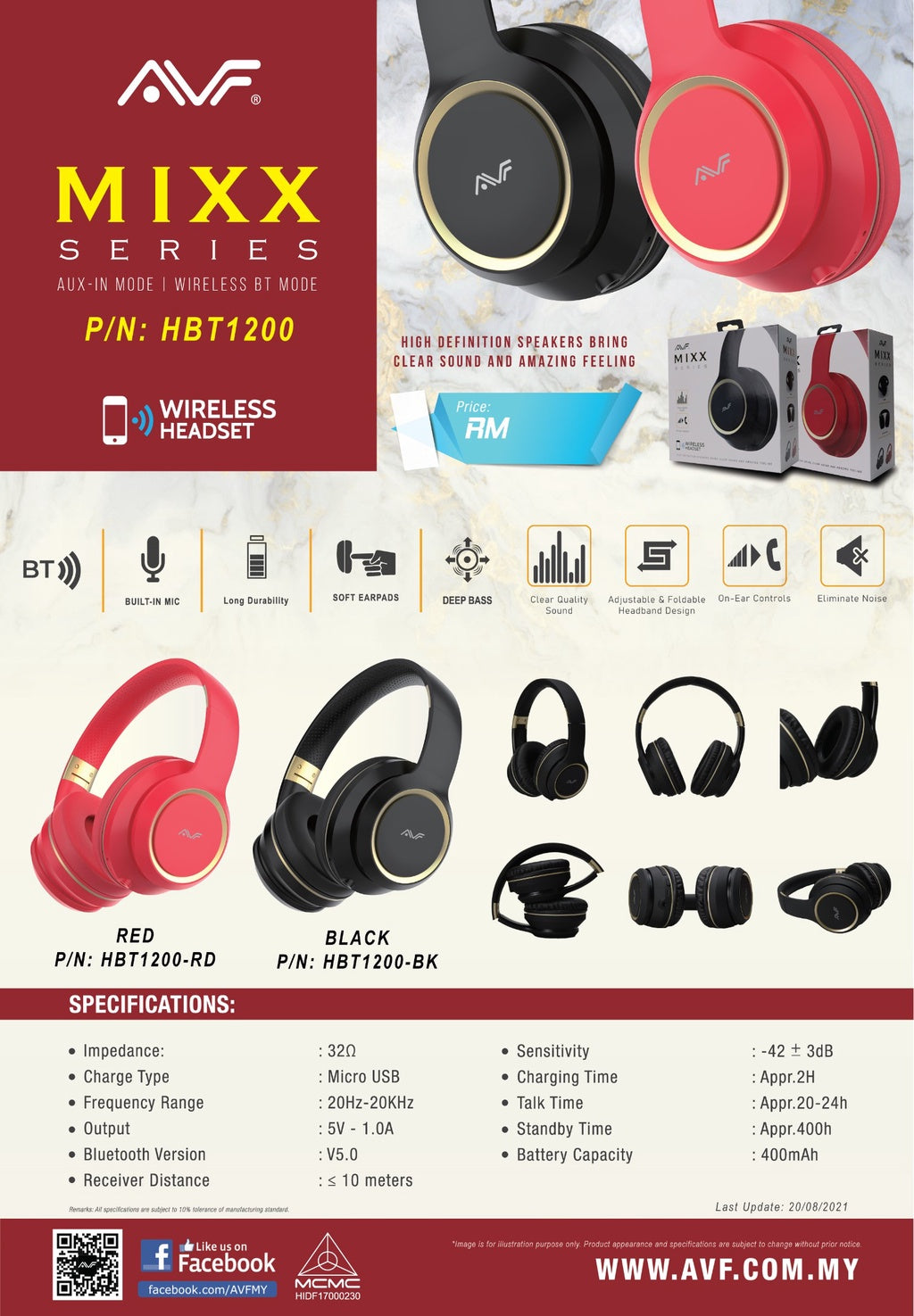 AVF MIXX Series HBT1200 Wireless Bluetooth Foldable Deep Bass Headphone