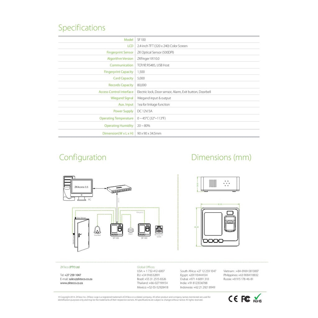 ZKTeco SF100 Standalone Time Attendance With Access Control