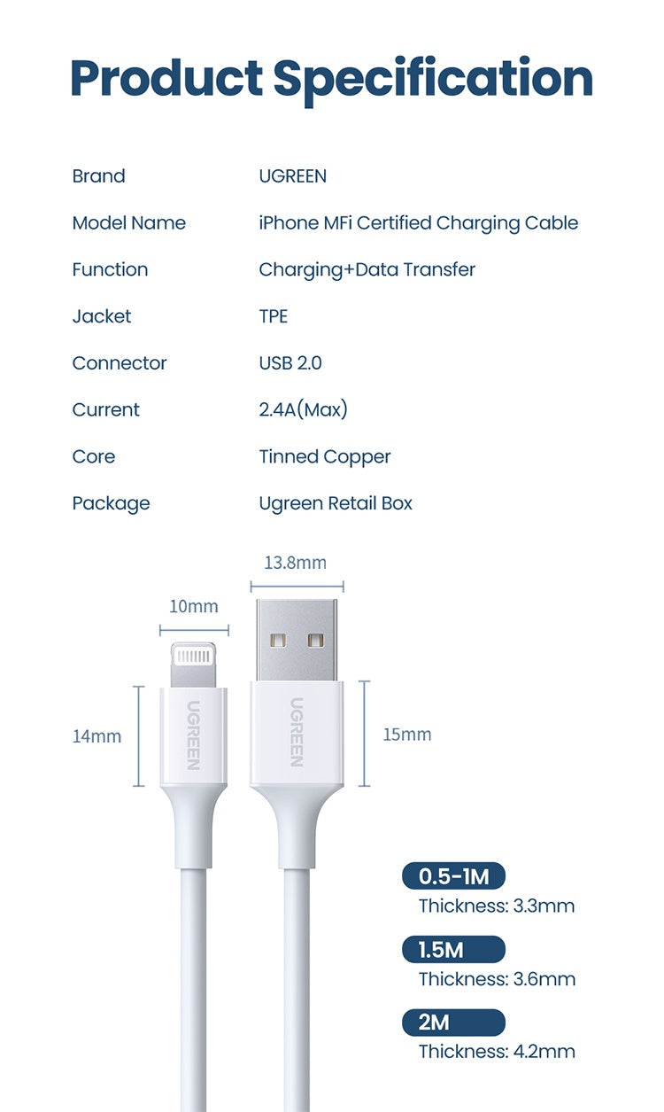 Ugreen Apple Iphone / Ipad MFi USB A To Lightning Cable 2.4A Fast Charging