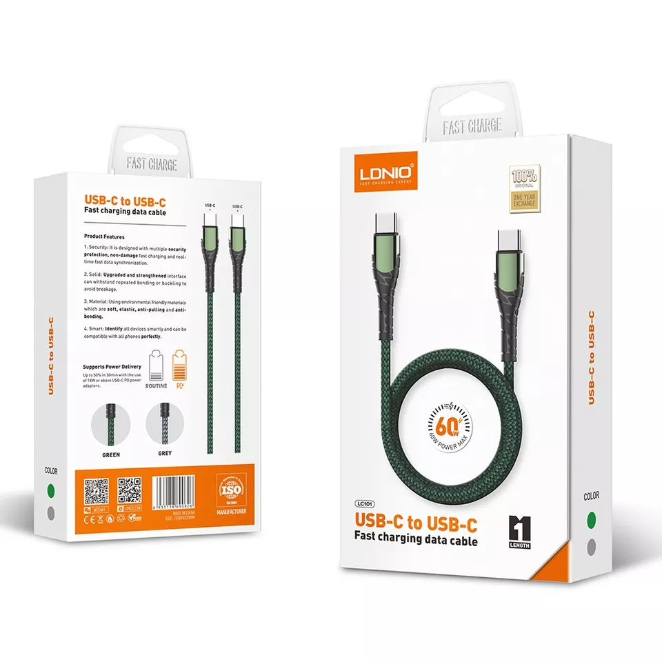LDNIO LC101 USB-C to USB-C 65W PD 1meter Fast Charging Data Cable